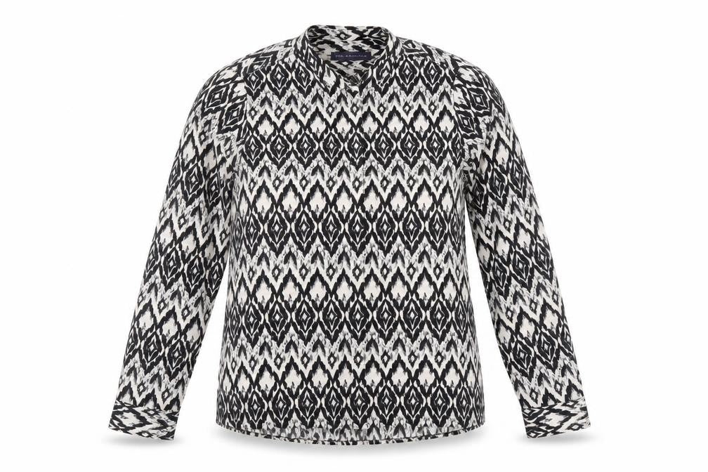 Front view of Marks & Spencer women’s black geometric polyester basic button-up, size UK 10, round neck