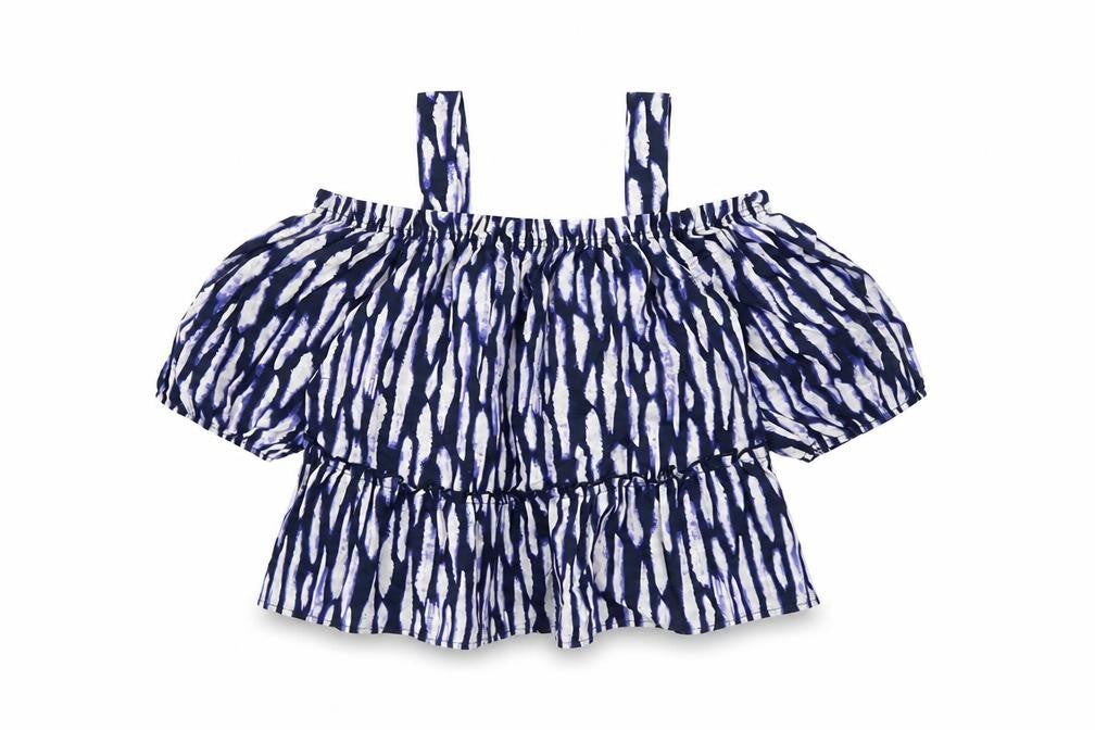 Front view of George women’s blue geometric cotton basic blouse, size UK 8, square neck - drop hem