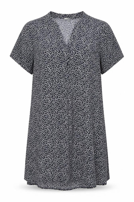 Front view of H&M women’s black geometric viscose a-line, size UK 10, v-neck pullover
