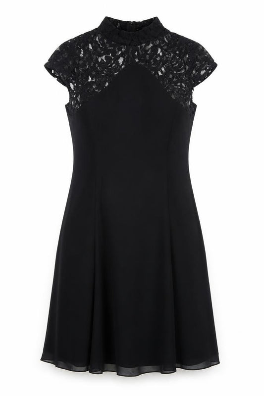 Front view of Boohoo women’s black polyester a-line, size UK 10, high neck zip
