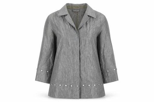 Front view of Sandra Pabst women’s silver polyester basic button-up, size M, collared