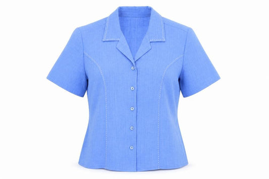 Front view of Berkertex women’s blue polyester basic button-up, size UK 12, collared