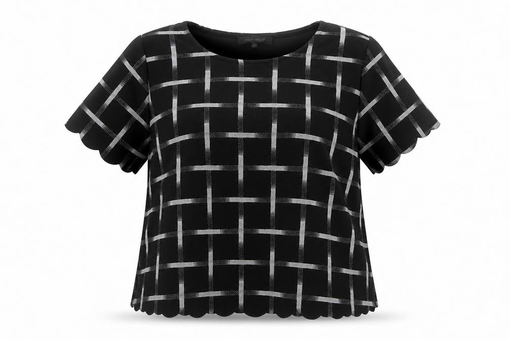 Front view of New Look women’s black geometric polyester basic t-shirt, size UK 6, round neck