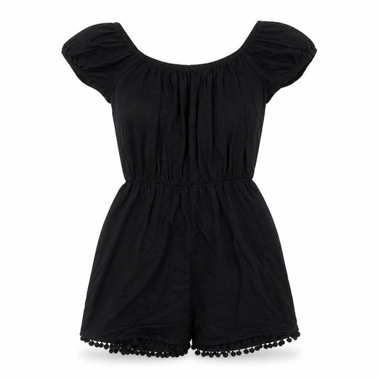 Front view of ASOS women’s black viscose playsuit one-piece, size UK 8, pullover - pom pom trim