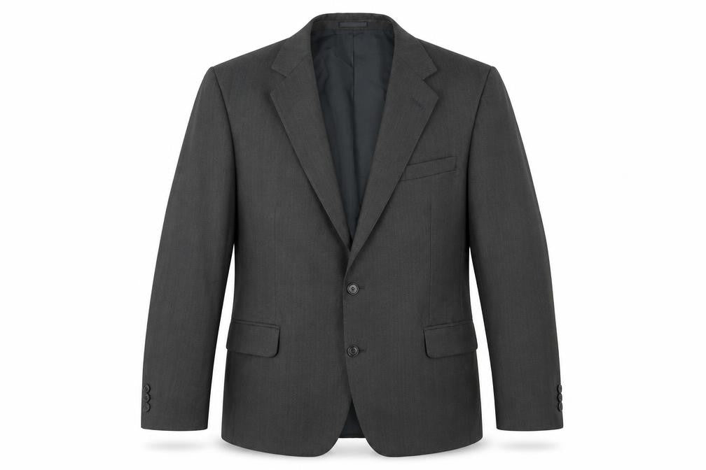 Front view of Preworn men’s grey striped wool jacket suit jacket, size 44, regular