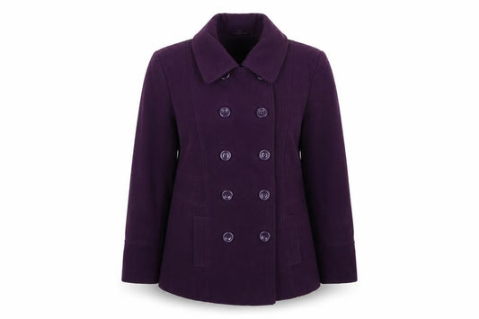 Front view of EWM women’s purple overcoat jacket, size UK 16, button