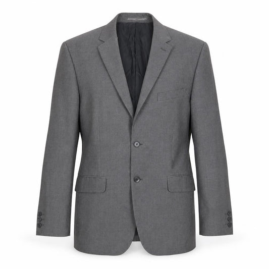 Front view of Karl Jackson men’s grey polyester jacket blazer, size 38, regular