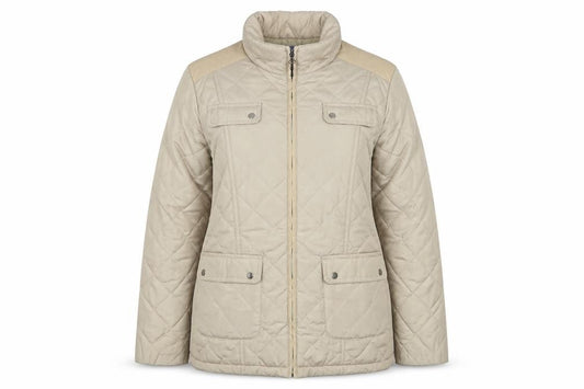 Front view of Autonomy women’s beige quilted jacket, size UK 14, zip