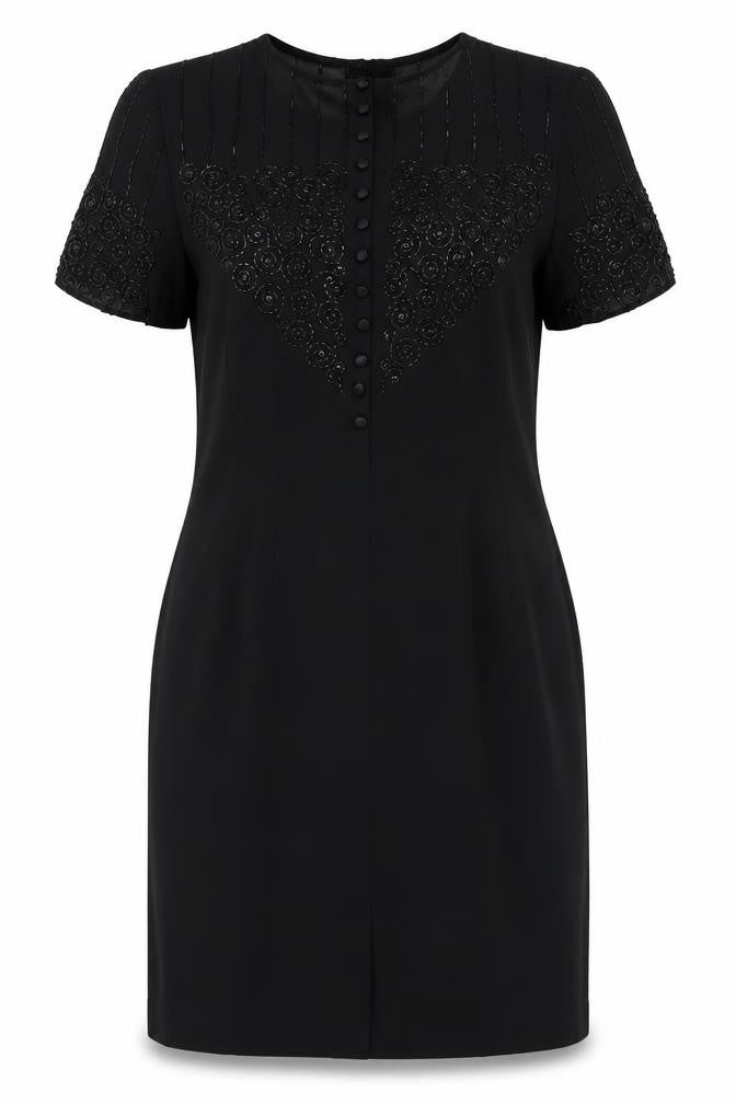 Front view of Donna Morgan women’s black polyester sheath, size UK 8, round neck zip