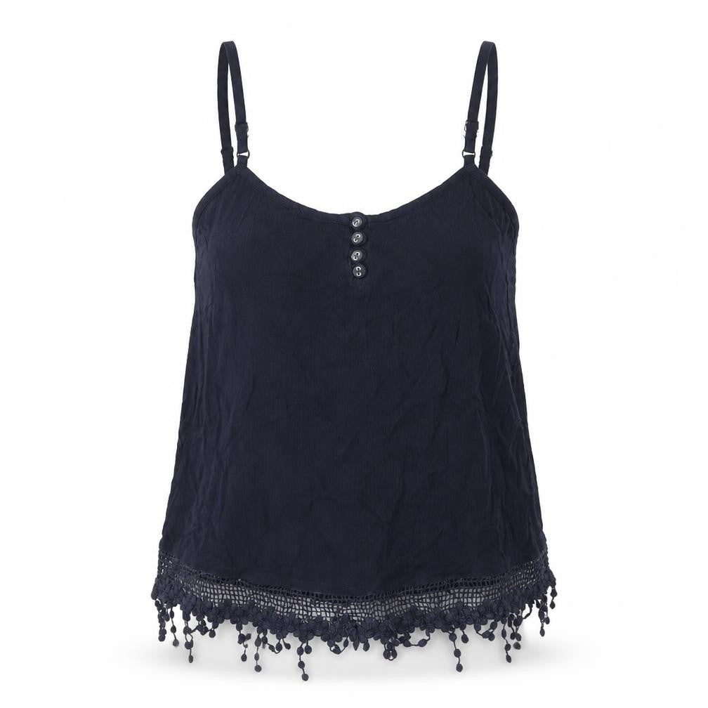 Front view of Accessorize women’s blue viscose basic tank, size S, square neck - lace detail