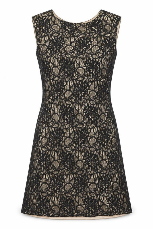 Front view of Mela London women’s black geometric polyester a-line, size UK 10, round neck pullover