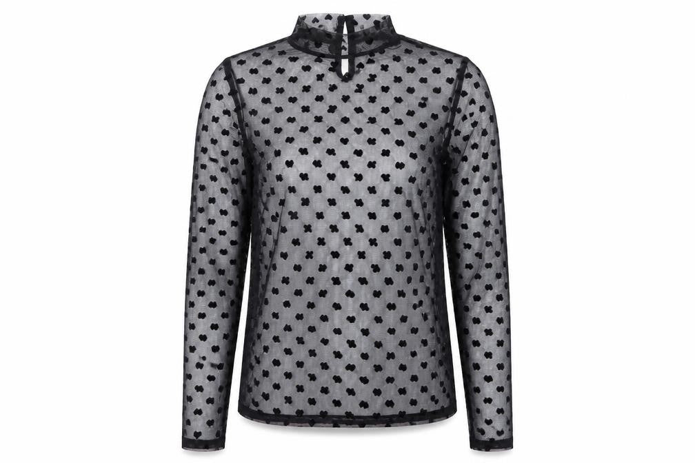 Front view of V By Very women’s black geometric polyester basic t-shirt, size UK 8, mock neck - heart pattern