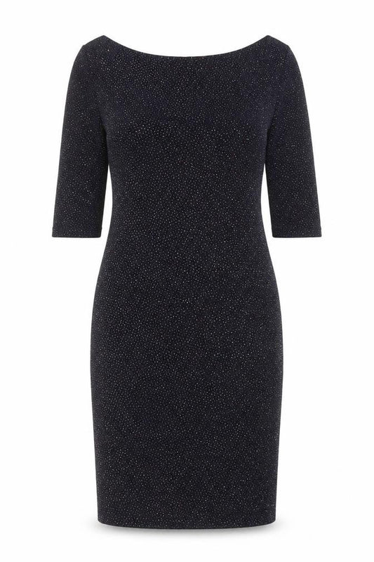 Front view of New Look women’s blue geometric nylon a-line, size UK 10, off the shoulder pullover
