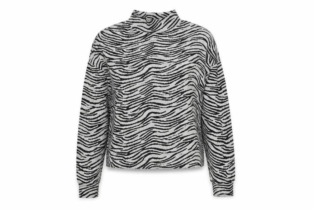 Front view of New Look women’s grey mock neck animal print polyester jumper, size M, - zebra pattern