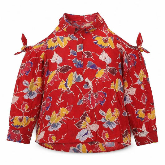 Front view of Next women’s red geometric viscose basic blouse, size UK 12, collared - cut out