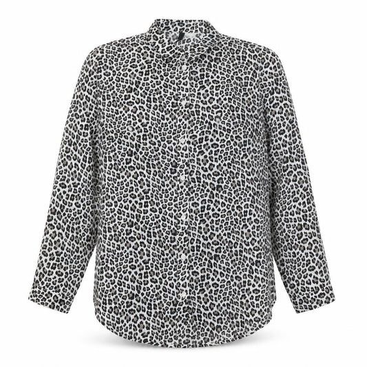 Front view of H&M women’s white animal print polyester basic button-up, size M, collared - leopard print