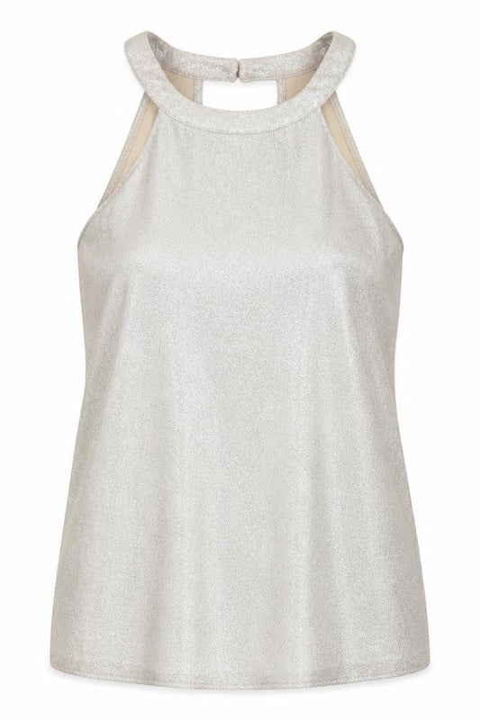 Front view of Oasis women’s beige polyester basic tank, size UK 10, round neck