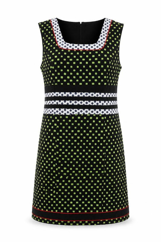 Front view of Sweet Miss women’s black geometric cotton a-line, size XL, square neck zip