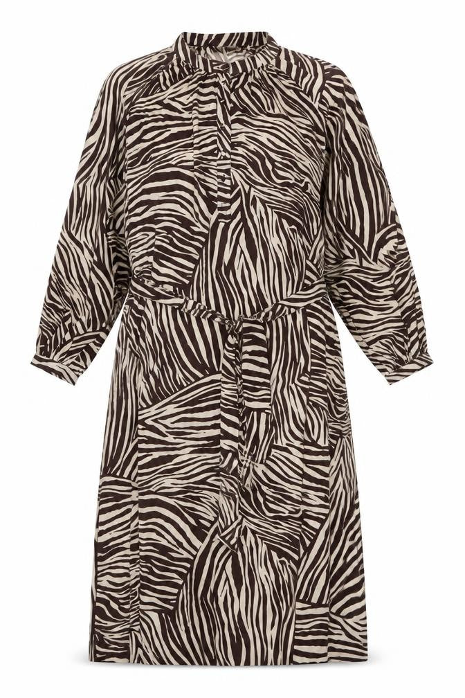 Front view of women’s brown animal print polyester a-line one size round neck button - tiger pattern