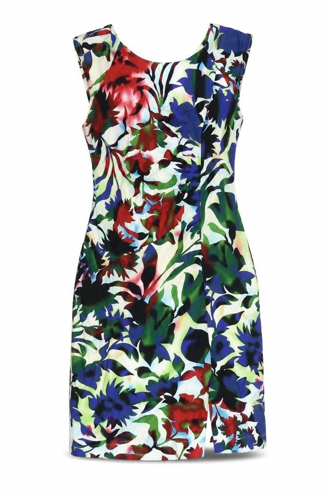 Front view of USCO women’s multicoloured geometric polyester a-line, size UK 10, scoop neck zip