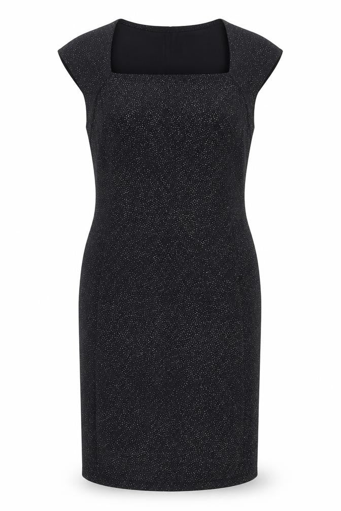 Front view of Onyx Nite women’s black polyester sheath, size UK 14, square neck pullover
