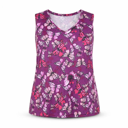 Front view of Bonmarché women’s purple polyester basic tank, size UK 14, v-neck - butterfly pattern