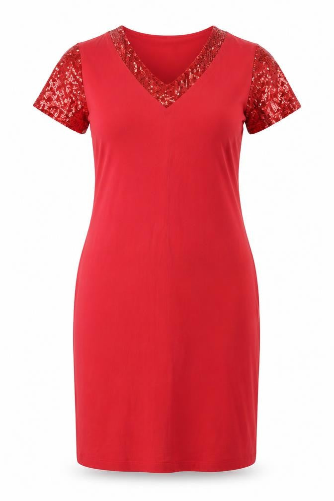 Front view of Slinky Brand women’s red acetate sheath, size M, v-neck pullover