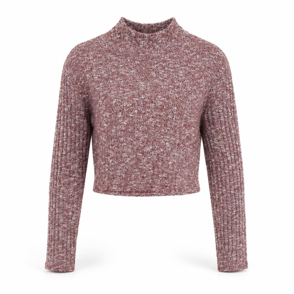Front view of Boohoo women’s purple round neck polyester jumper, size UK 6, pullover