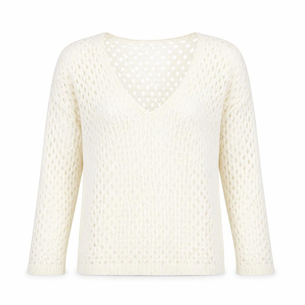 Front view of Marble women’s white v-neck acrylic jumper, size UK 4