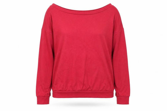 Front view of women’s red polyester pullover sweatshirt, size S, pullover