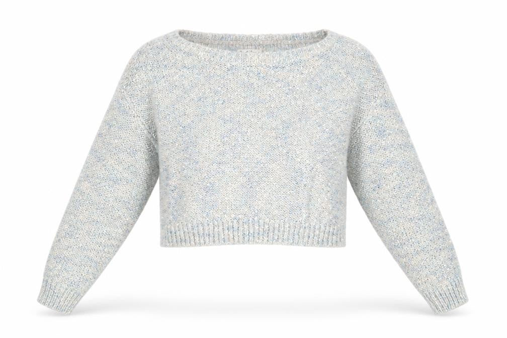 Front view of Miss Selfridge women’s blue boat neck acrylic jumper, size UK 12