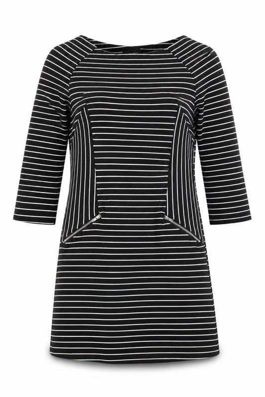 Front view of Warehouse women’s black striped polyester a-line, size UK 10, round neck zip