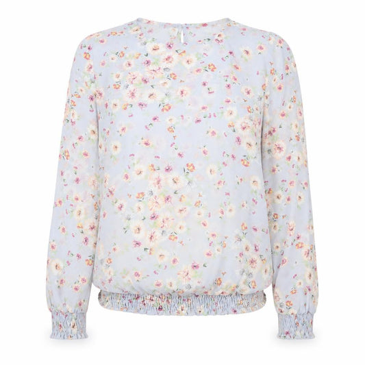 Front view of Atmosphere women’s blue floral polyester basic blouse, size UK 8, round neck
