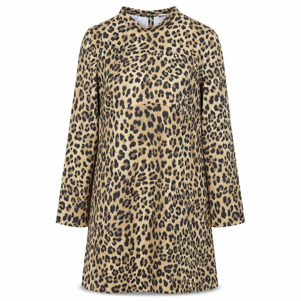 Front view of Zara women’s brown animal print polyester a-line, size M, mock neck zip - leopard pattern