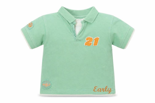 Front view of Early Days boys’ green cotton basic polo, size 18-24, months collared pullover