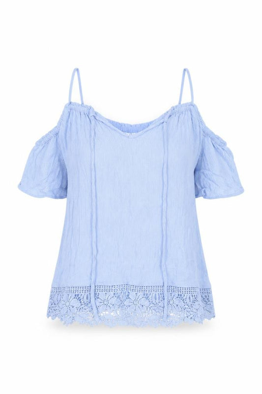 Front view of Divided women’s blue viscose basic blouse, size UK 10, v-neck - tie neck detail cold shoulder