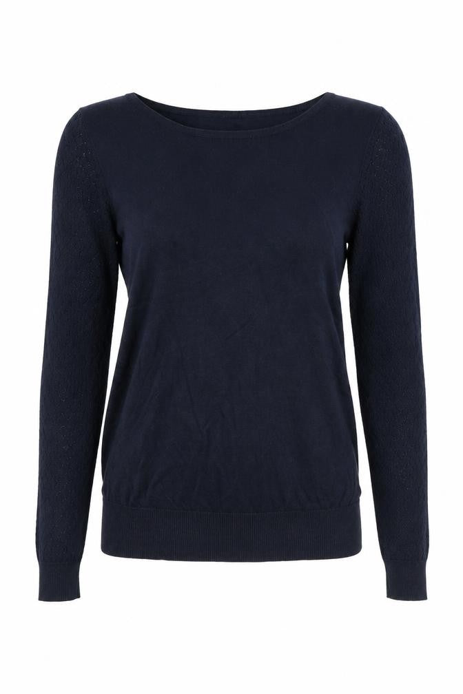 Front view of Warehouse women’s blue boat neck cotton jumper, size UK 8, pullover