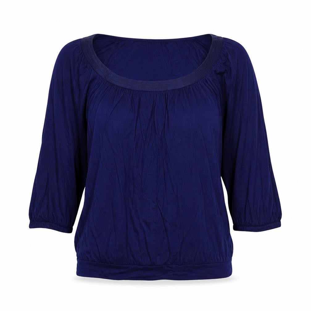 Front view of H&M women’s blue viscose basic blouse, size L, scoop neck