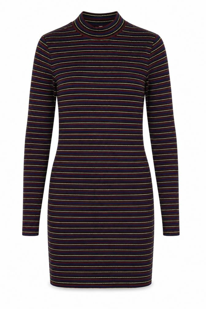 Front view of Topshop women’s multicoloured striped polyester bodycon, size UK 6, mock neck pullover