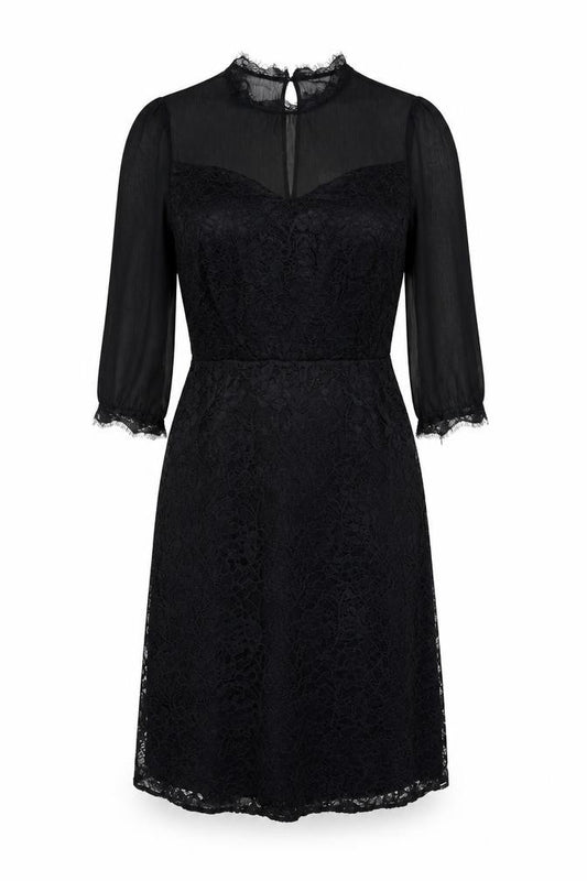 Front view of Oasis women’s black geometric polyester a-line, size M, round neck button