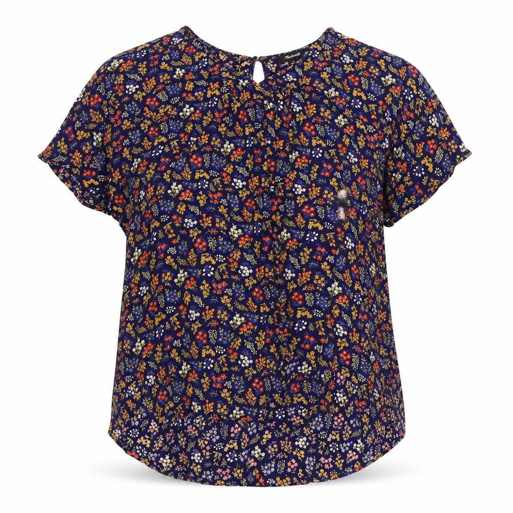 Front view of Madwell women’s blue floral viscose basic blouse, size S, round neck