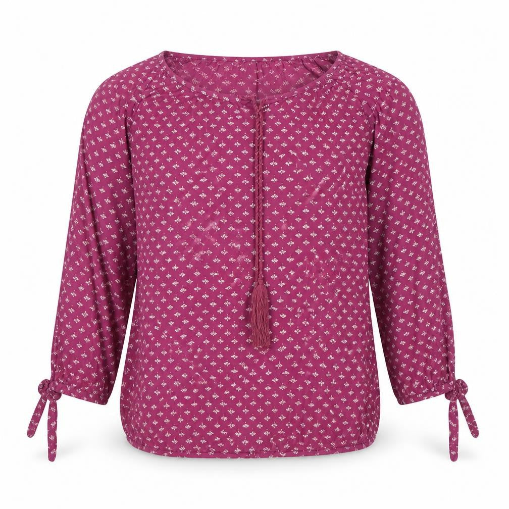 Front view of Fame Forever women’s purple geometric viscose basic blouse, size M, round neck