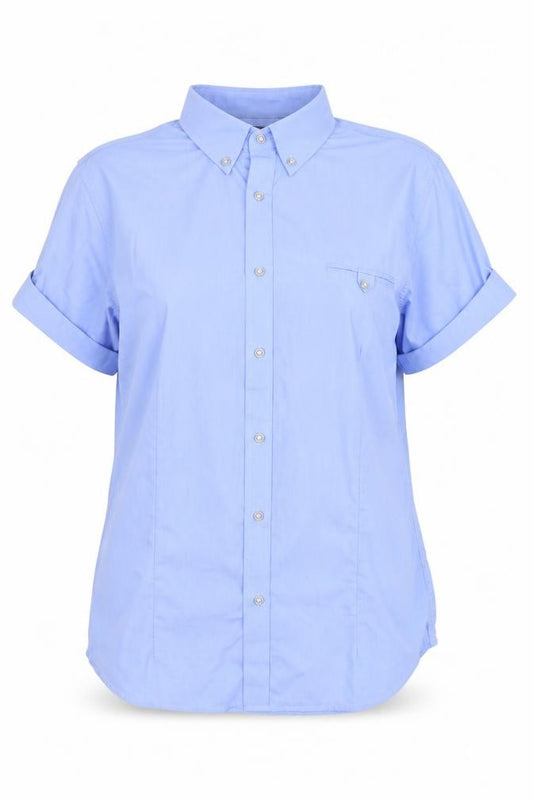 Front view of Hesher Wong women’s blue cotton basic button-up, size XL, collared