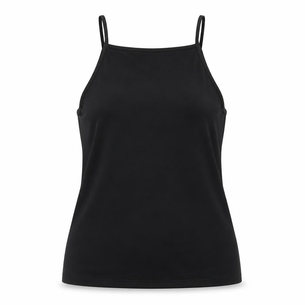 Front view of ASOS women’s black polyester basic tank, size UK 10, v-neck