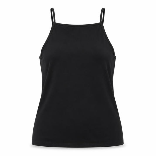 Front view of ASOS women’s black polyester basic tank, size UK 10, v-neck
