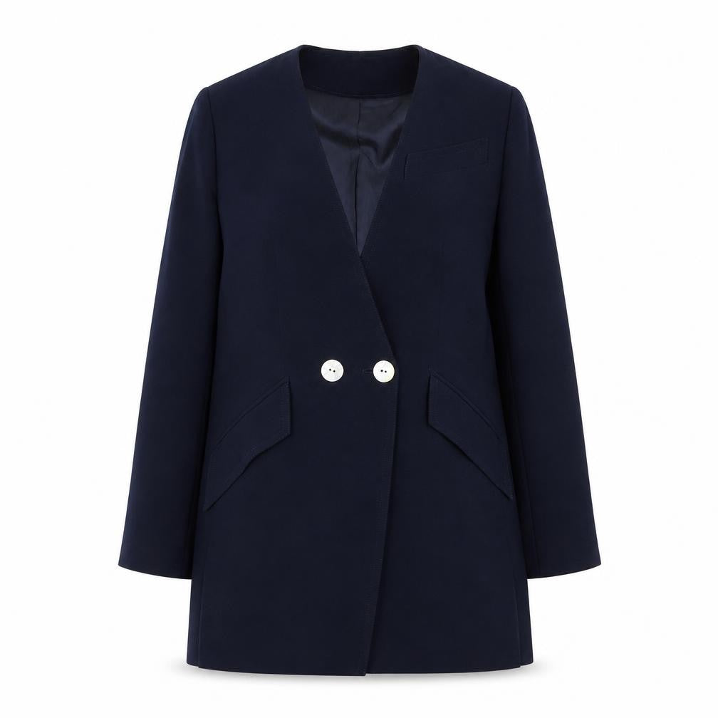 Front view of Frank Usher women’s blue overcoat coat, size UK 10, button