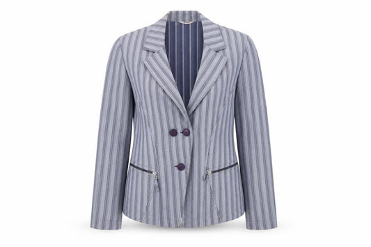 Front view of FSR women’s blue striped jacket blazer, size UK 10, button
