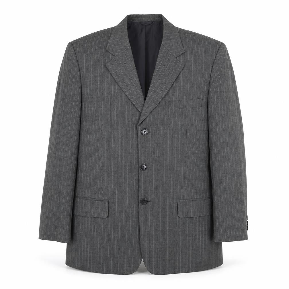 Front view of Preworn men’s grey striped polyester jacket suit jacket, size 42, regular