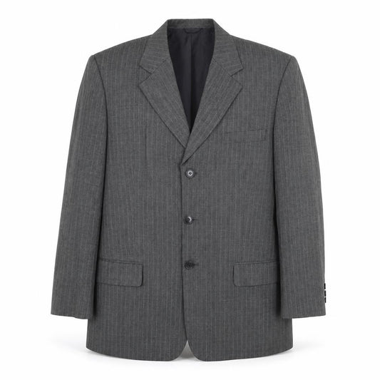 Front view of Preworn men’s grey striped polyester jacket suit jacket, size 42, regular