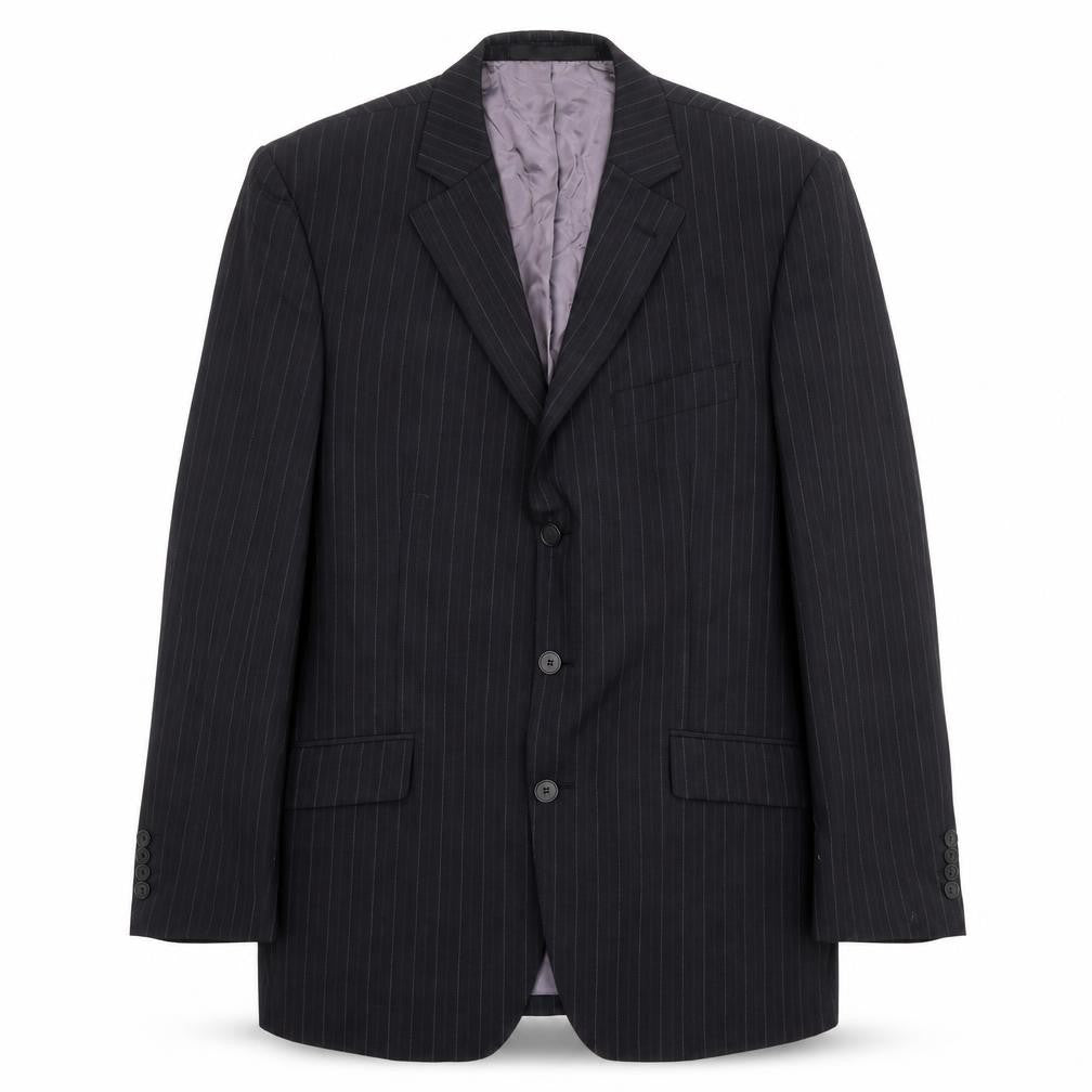 Front view of Marks & Spencer men’s black striped wool jacket suit jacket, size 40, regular